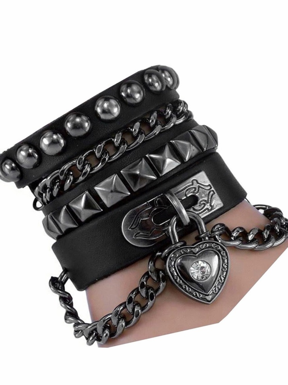 Layered Black Leather & Gunmetal Chain Bracelet with Heart Lock Charm‎